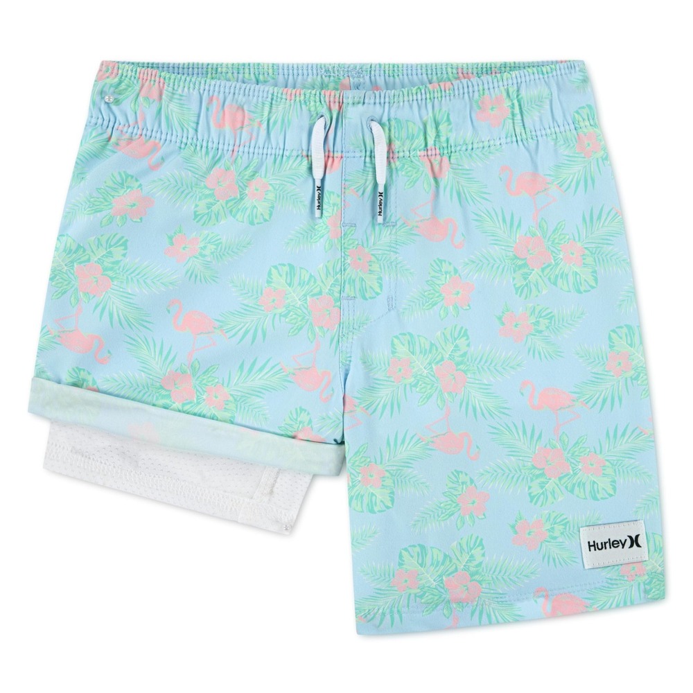 NWT Hurley Boys Flamingo Swim Trunks Blue Pull-On Mesh Lined Size 7